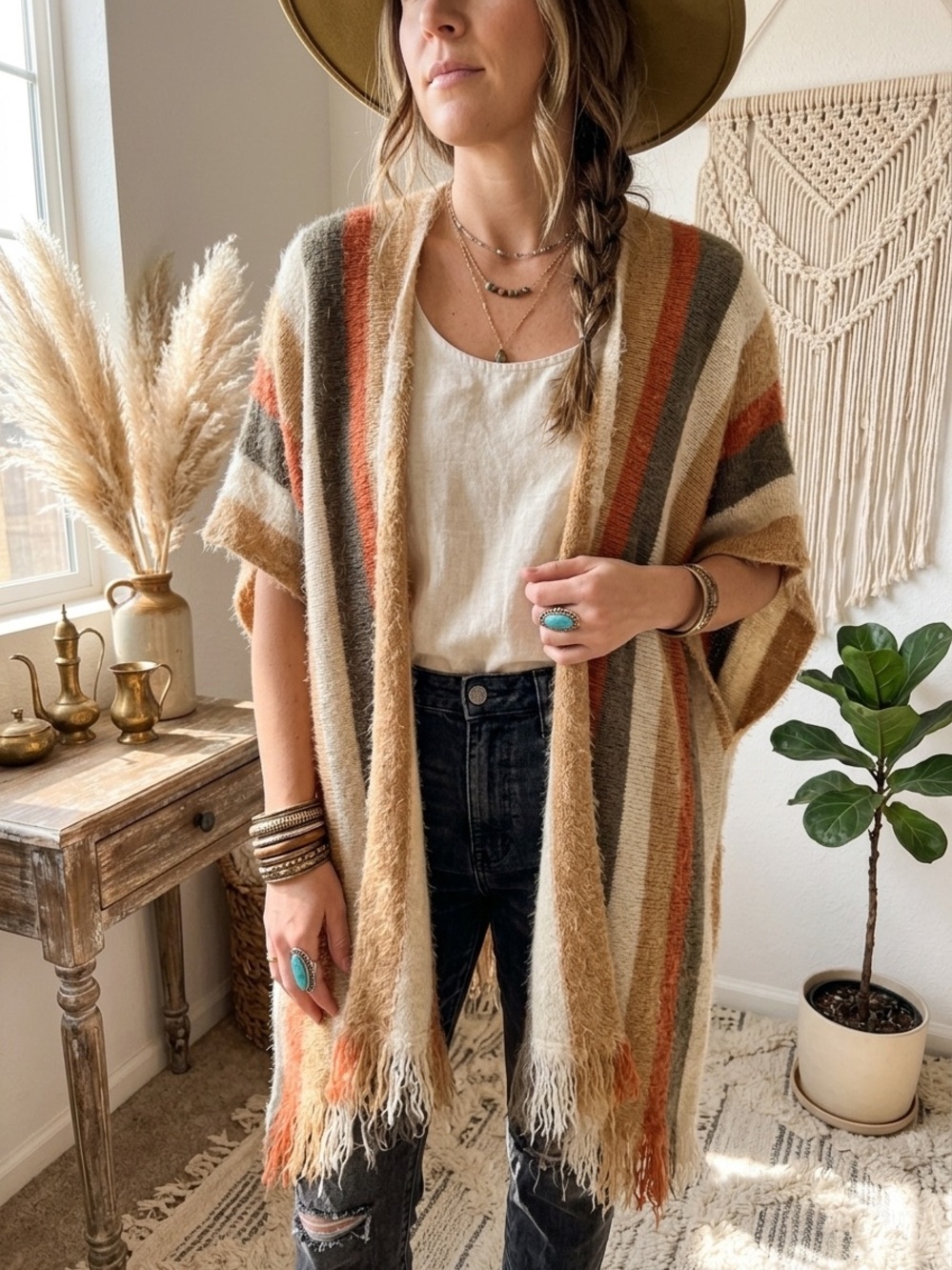 Kori America Fuzzy Eyelash Knit Fringe Boho Kimono Cardigan Poncho